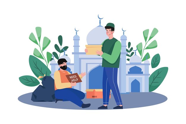 Vector muslim man distributing zakat in mosque