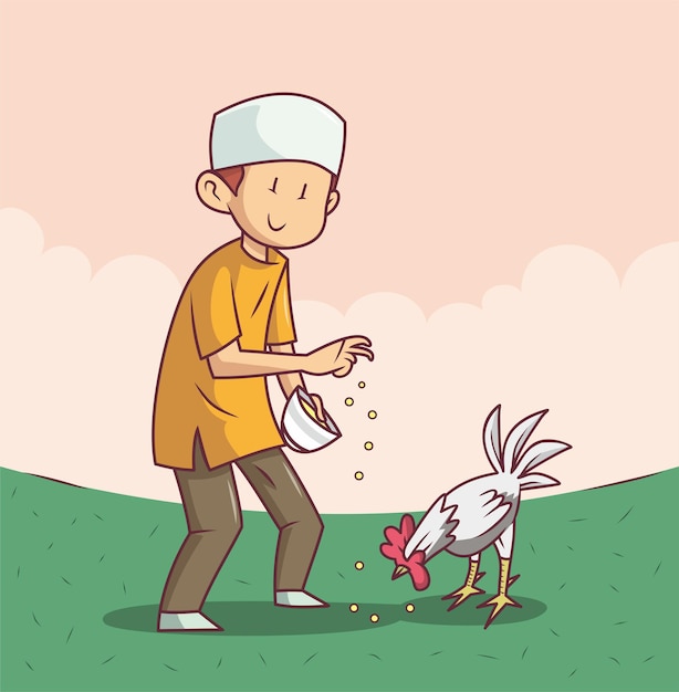 Vector muslim man feeds chicken.