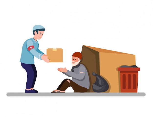 Muslim man giving food box to homeless people, activist support homeless person in cartoon flat illustration isolated in white background