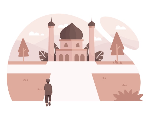 Vector muslim man going to mosque by walk