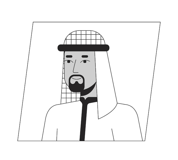 Muslim man in hijab black white cartoon avatar icon Editable 2D character user portrait linear flat illustration Vector face profile Outline person head and shoulders