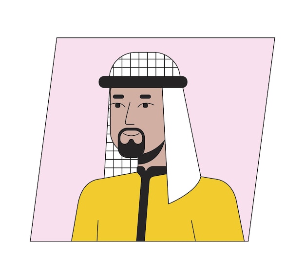 히잡 플랫 컬러 만화 아바타 아이콘의 무슬림 남자 편집 가능한 2D 사용자 초상화 선형 그림 격리된 벡터 얼굴 프로필 클립 아트 Userpic 사람 머리와 어깨