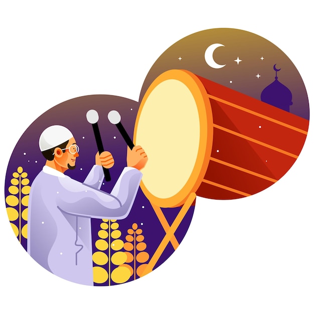 Vector muslim man hitting drum celebrating eid mubarak