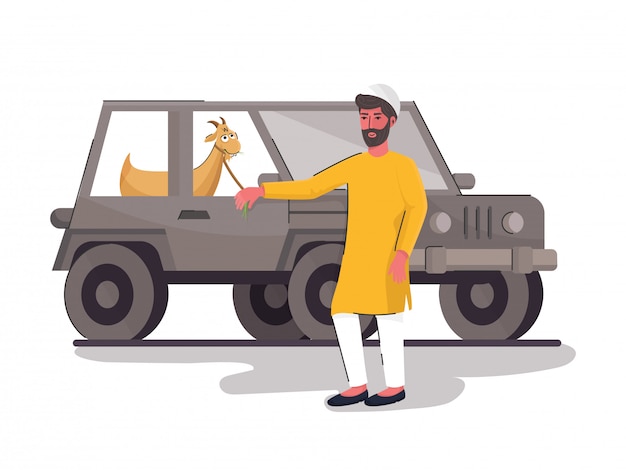 Vector muslim man holding a rope of goat on jeep illustration.