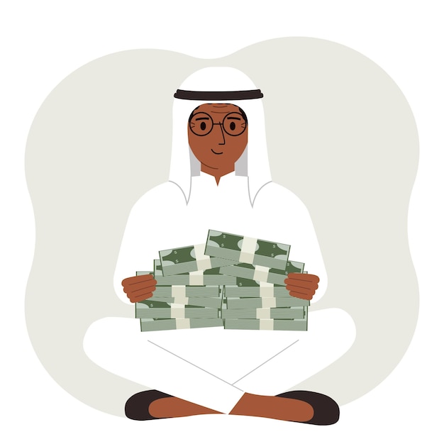 Vector a muslim man holds bundles of cash money or banknotes in his hands successful business and finance concept illustration in flat style