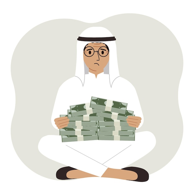 A muslim man holds bundles of cash money or banknotes in his hands Successful business and finance concept illustration in flat style