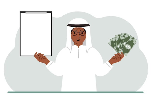 A muslim man holds a lot of paper money in one hand and in the other a clipboard empty for text Concept for advertising banner or poster of earning or saving money