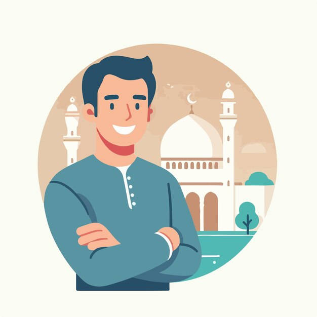 Vector muslim man is cheerful with a mosque in the background