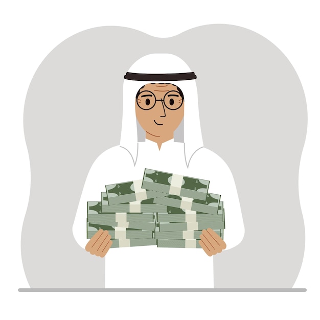 A muslim man is holding a large pile of paper money