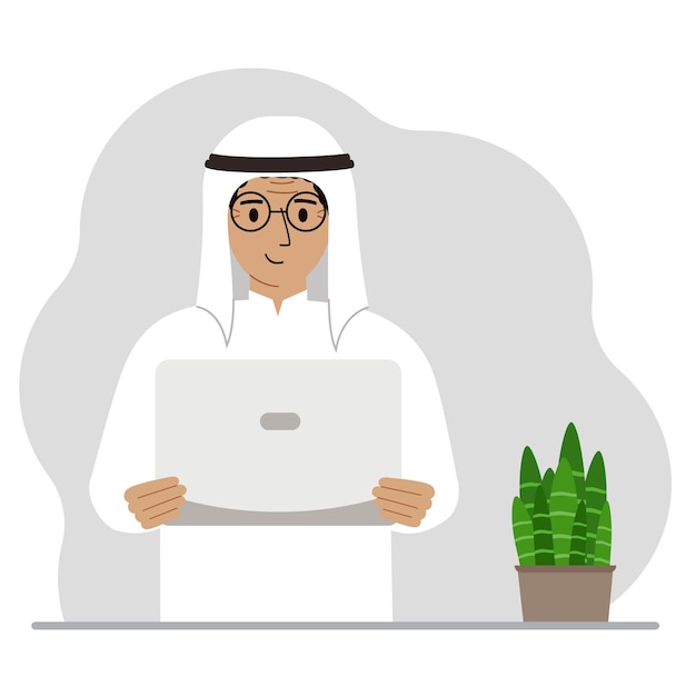 Vector a muslim man is holding or using a laptop computer pc laptop computer technology concept vector flat illustration