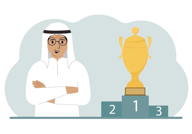 A muslim man next to the pedestal on which the cup for victory and first place