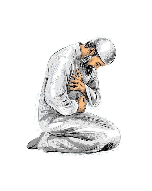 Vector muslim man praying, hand drawn sketch.  illustration