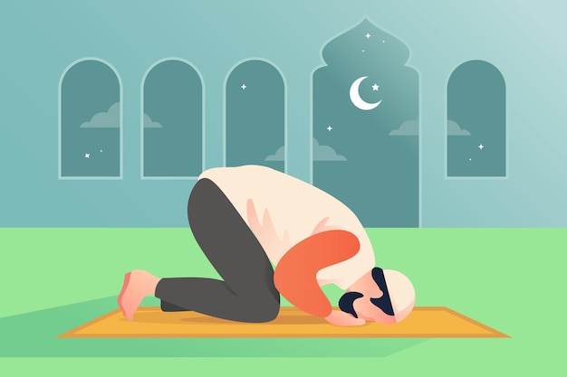 Muslim man praying in mosque and there is a crescent moon visible in the background Vector Flat
