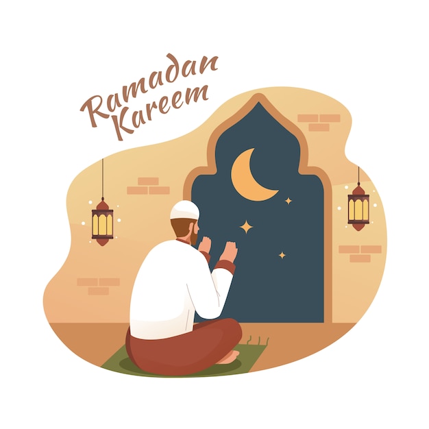 Мусульманин молится ночью в мечети