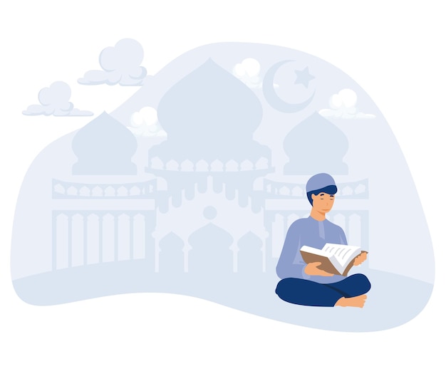 Muslim man reading Quran against night background with crescent moon stars and mosque silhouette Laylat alQadr flat vector modern illustration