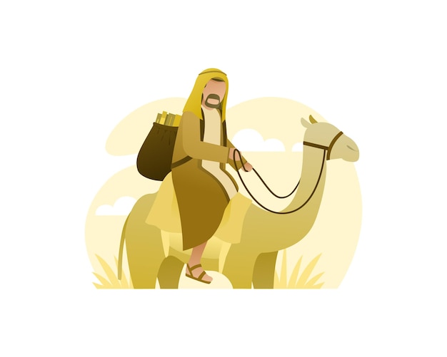 벡터 무슬림 남자가 사막에서 낙타를 타고
