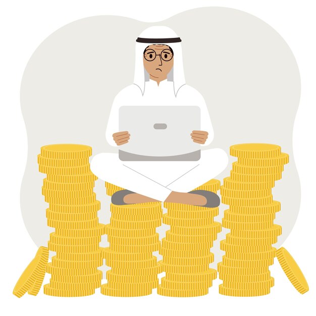 Vector a muslim man sits on a stack of gold coins and uses a laptop a muslim man works in a pile of coins