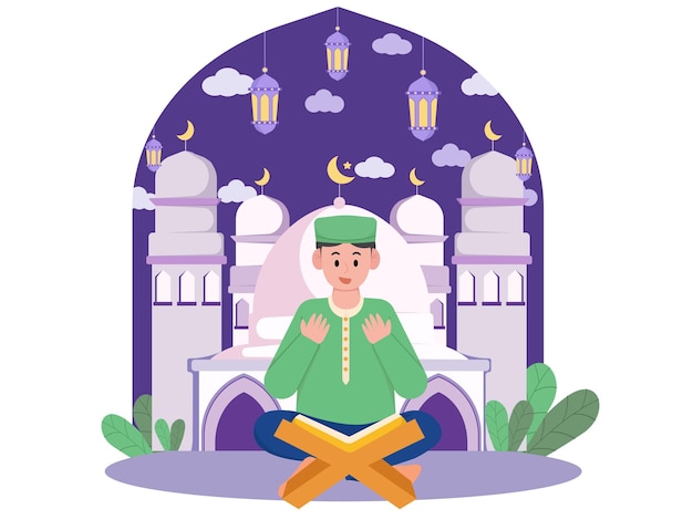 Muslim man sitting in front of a mosque and praying ramadan illustration