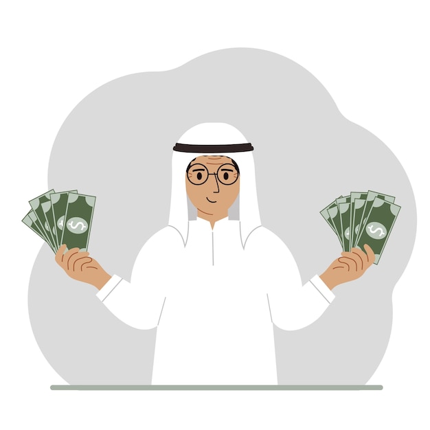 A muslim man with banknotes in both hands the concept of wealth vector