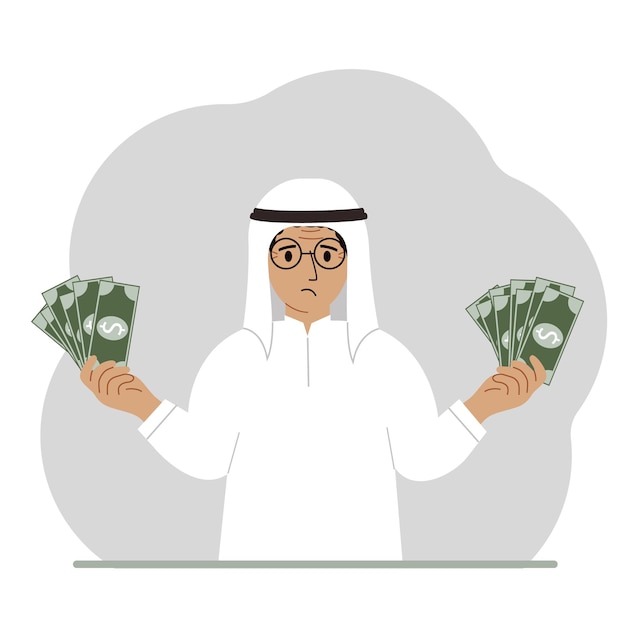 A muslim man with banknotes in both hands The concept of wealth Vector