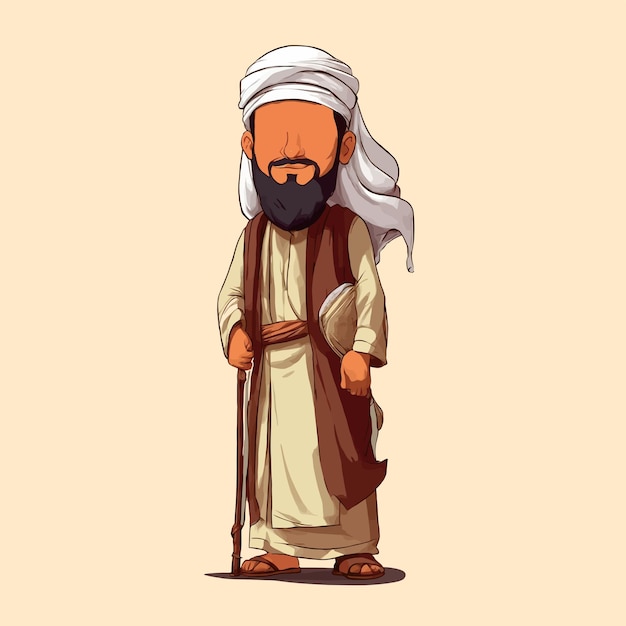 Vector a muslim man with a beard and turban is standing holding a stick cute cartoon illustration