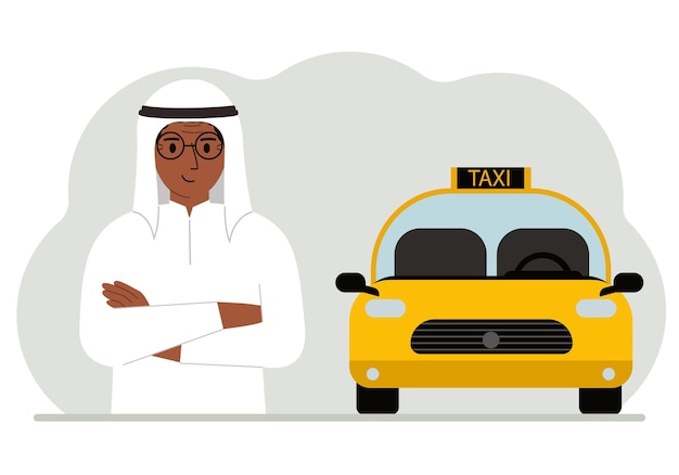 A muslim man with his arms crossed near a yellow taxi car Vector