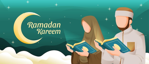 Muslim Man and Woman Reading Koran or Qur'an in Ramadan Kareem Holy Month with Crescent Moon and Stars Illustration