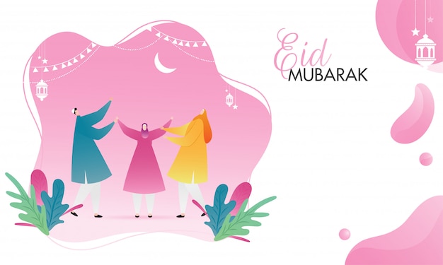 Vector muslim man and women enjoying on the occasion of eid mubarak.