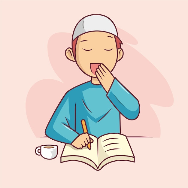 Muslim man writing a book while yawning