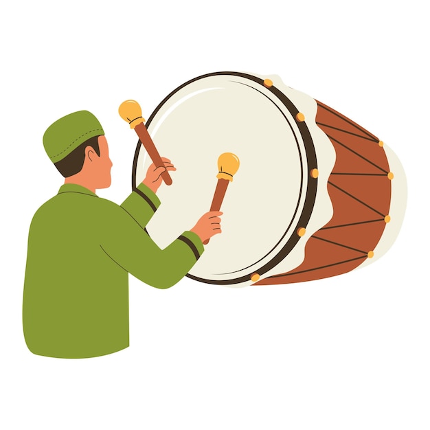 muslim men beat islamic drums or bedug