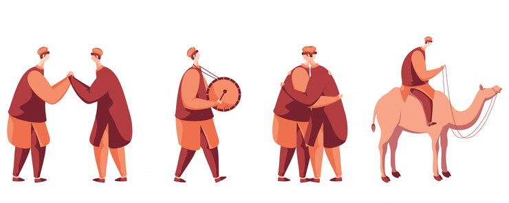 Vector muslim men in different pose like as hugging, drum beating, ride on camel.