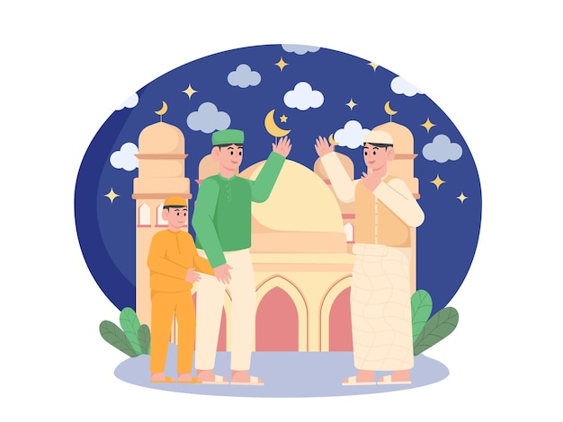 Muslim men in front of a mosque vector ramadan illustration