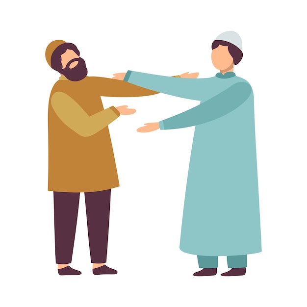 Vector muslim men in traditional clothing greeting each other as they celebrating eid al adha islamic