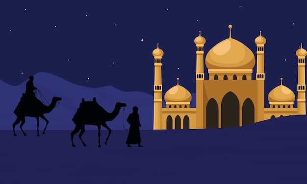 Vector muslim mosque and camels