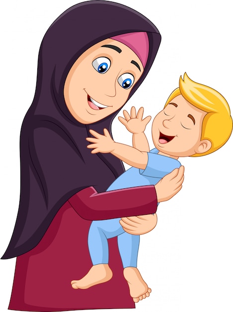 Vector muslim mother hugging her son