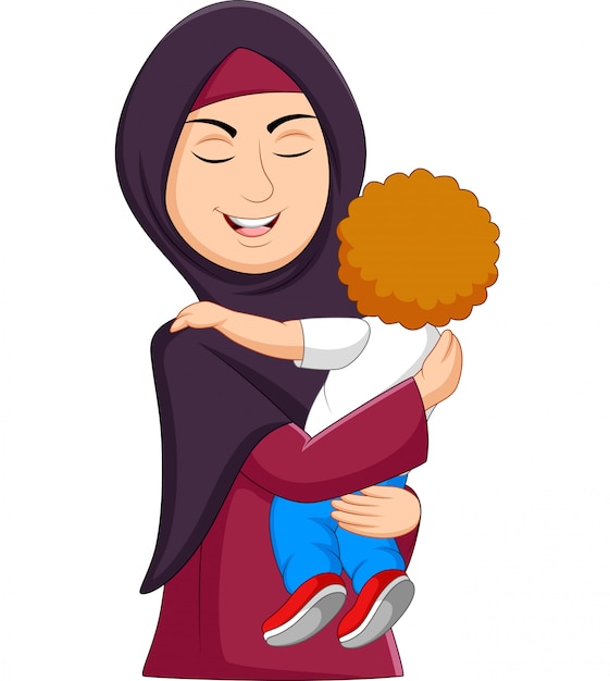 Muslim mother hugging her son