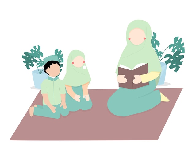 Muslim mother reading a book to children