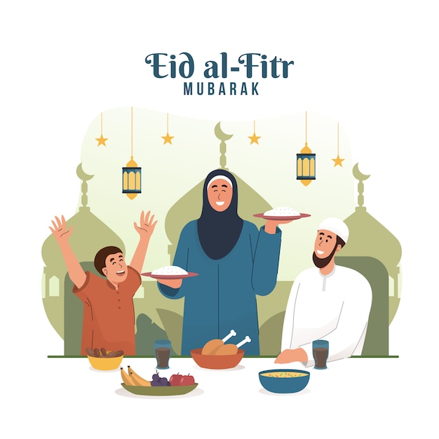 Muslim mother serving food for family dinner. eid mubarak flat cartoon character illustration