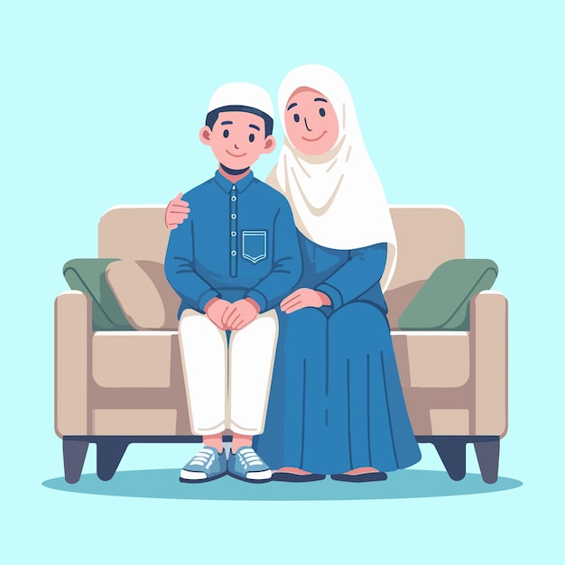 muslim mother and son sitting together on the sofa