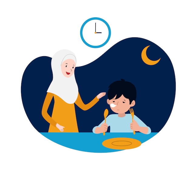 Vector muslim mother support her sleepy kid for sahur or pre-dawn meal before start fasting vector illustration. family ramadan activity concept design.