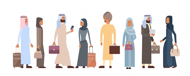 이슬람 사람들 군중 사업 남자와 여자 전통 옷 아랍어 문자
