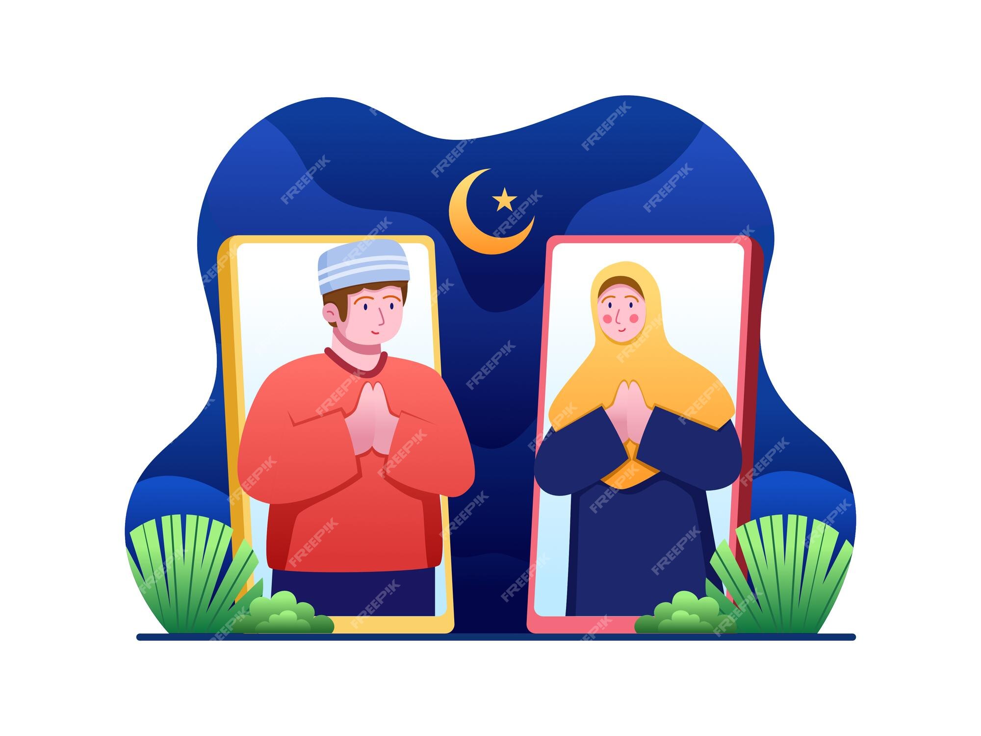 Premium Vector | Muslim people greeting happy eid mubarak with video call in smartphone celebrate eid al fitr Premium Vector | Muslim people greeting happy eid mubarak with video call in smartphone celebrate eid al fitr