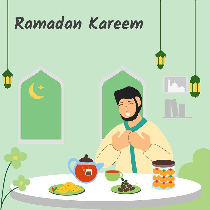 Vector 라마단 그림 사람들의 이슬람 사람들 iftar 테이블에 음식과 함께 iftar를 위해 기도