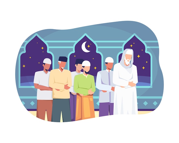 I musulmani eseguono la notte di preghiera taraweeh durante il ramadan. illustrazione stile piatto