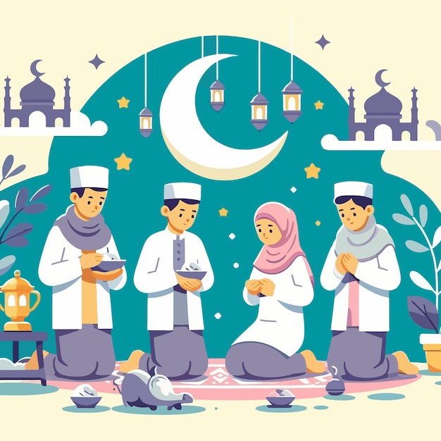 Мусульманский народ в Рамадане с иллюстрацией в стиле плоского дизайна