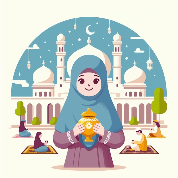 Мусульманский народ в Рамадане с иллюстрацией в стиле плоского дизайна