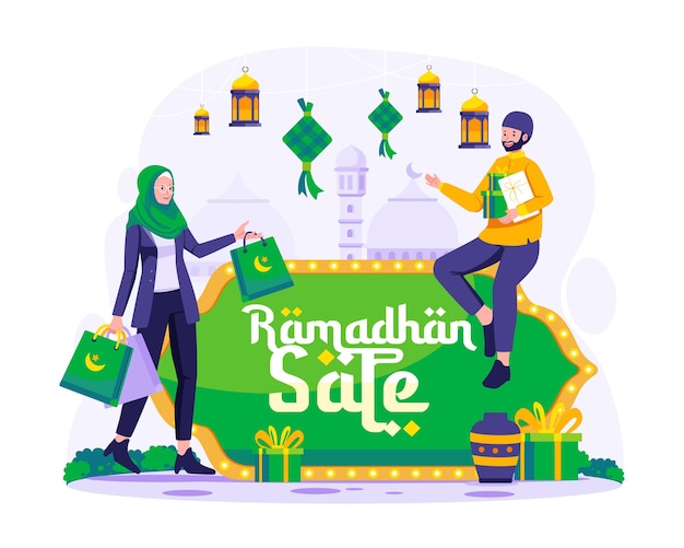 Muslim People shopping on Ramadan Sale Eid Mubarak Ecommerce Online Shopping illustration