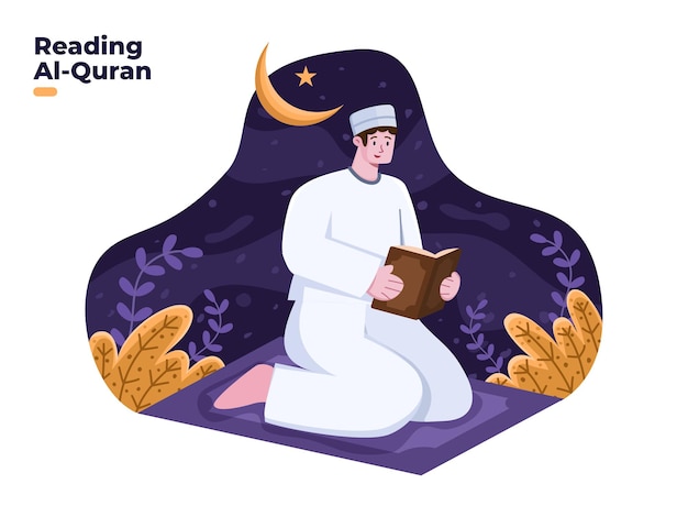 꾸란 또는 알 꾸란 그림을 읽는 무슬림 사람