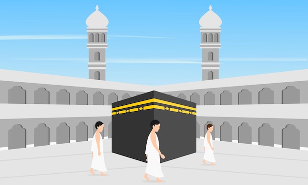 ベクトル サウジアラビアのメッカにあるカバを囲むマジディル・ハラム (masjid al-haram) のイスラム教徒の巡礼者