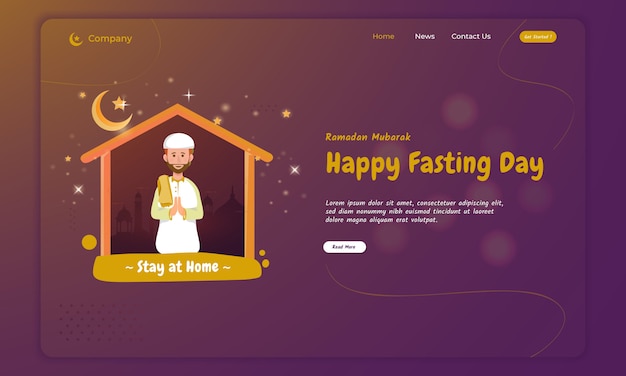 Un musulmano prega e adora a casa per il concetto di ramadan sulla landing page